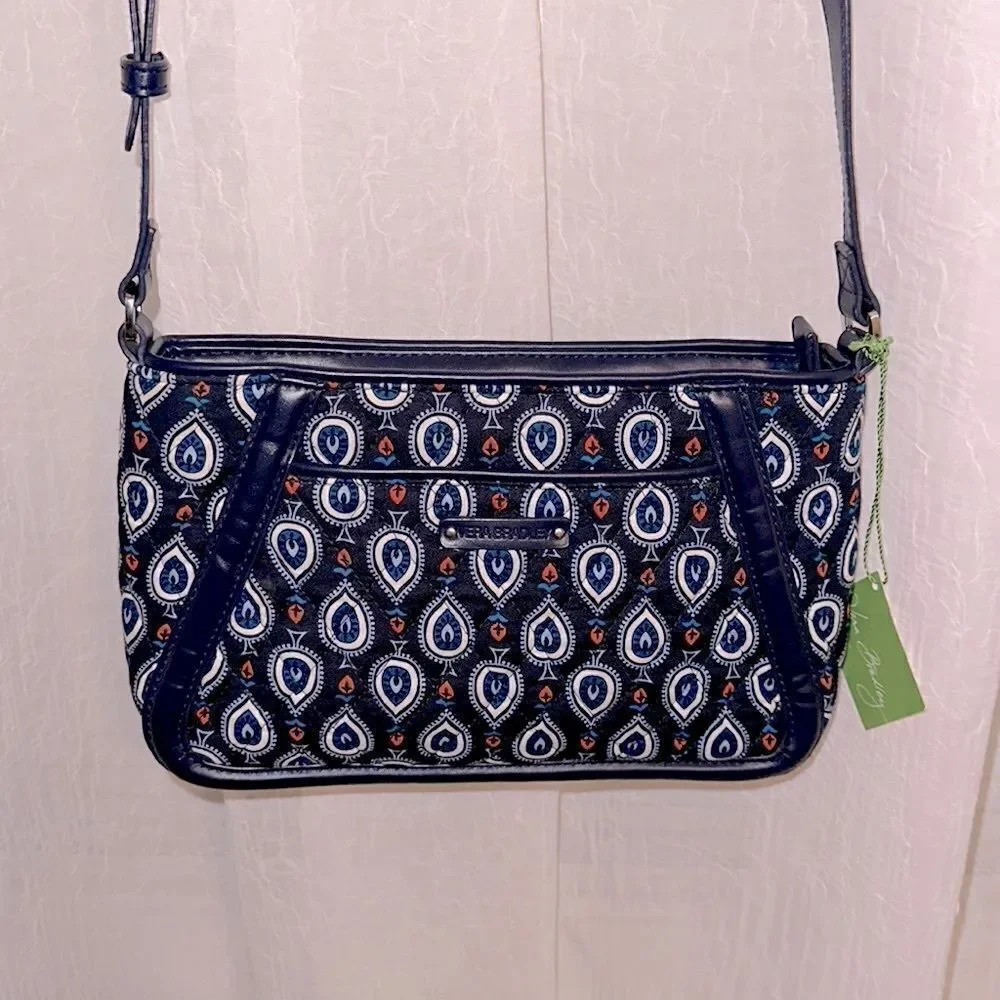Vera Bradley Navy Blue White Coral Quilted Trimmed Trapeze Crossbody Purse Bag